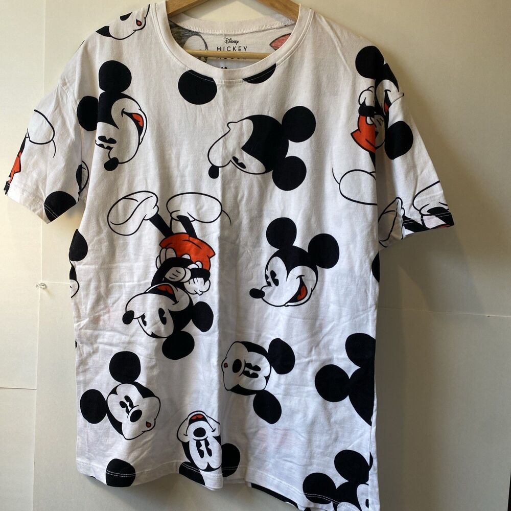 Disney Mickey Mouse All Over Print Tee Large Bright White T-Shirt Disney World